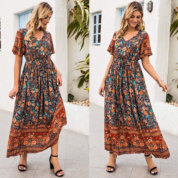 Boho gypsy Flutter Sleeve Floral Print maxi dress - Picture 3 of 4